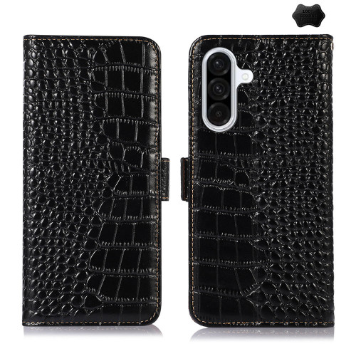 Samsung Galaxy A36 Crocodile Top Layer Cowhide Leather Phone Case - Black
